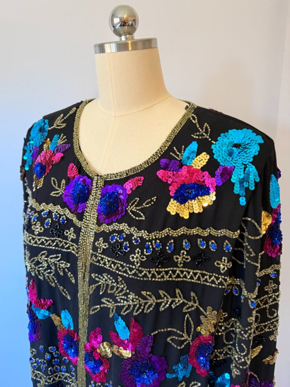 NWT Draper's & Damon's Womens XL Black Sequin Beaded Floral Jacket - Vintage 90s
